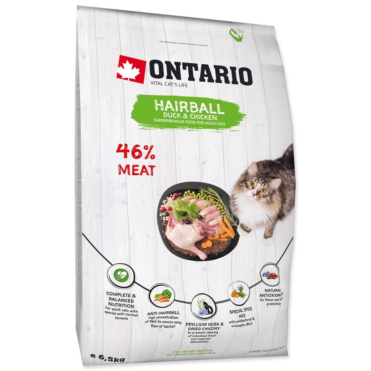 213-10127 ONTARIO - Cat Hairball kačacie & kuracie mäso 6,5 kg – Obrázok 1