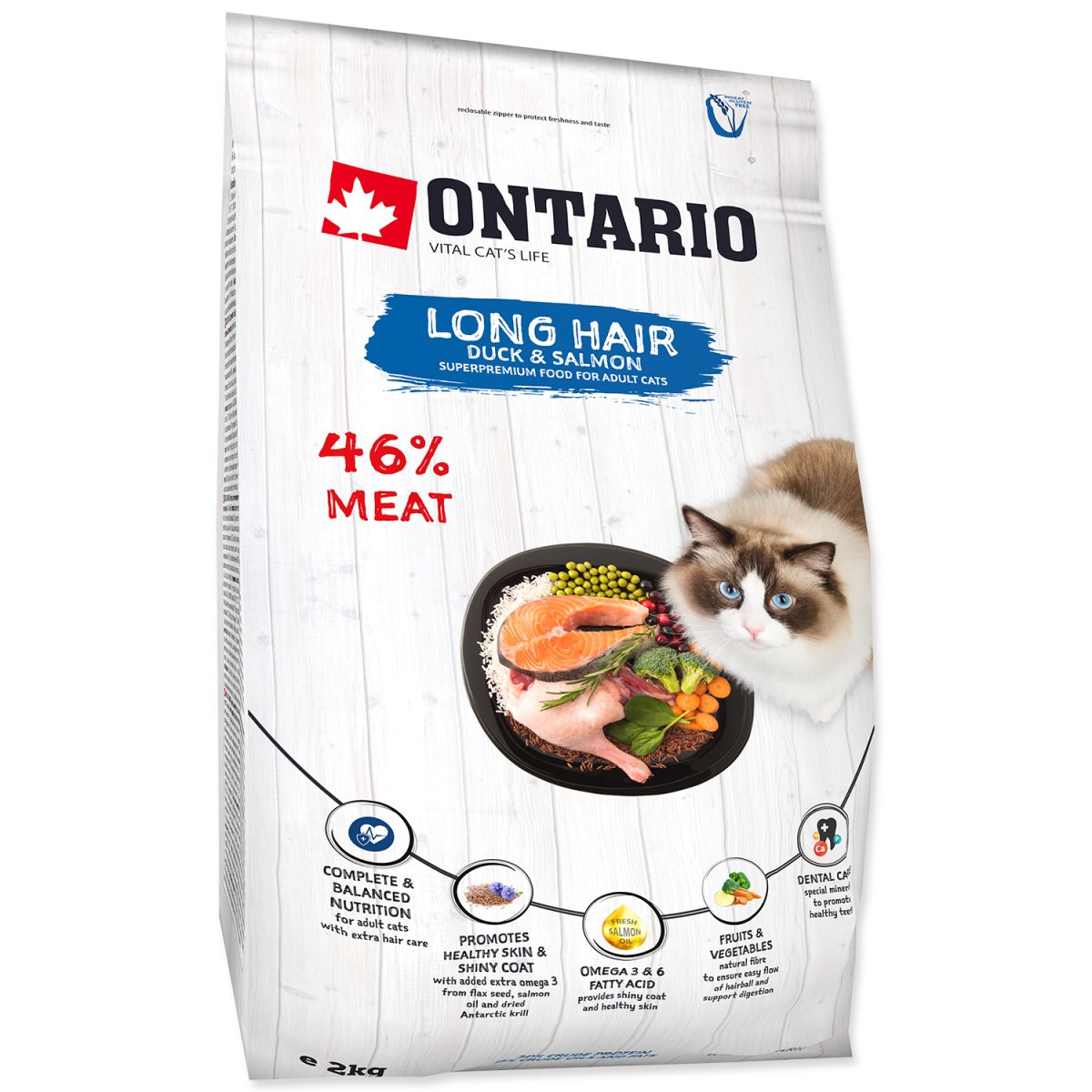 ONTARIO - Cat Longhair kačacie mäso & losos, 2 kg – Obrázok 1