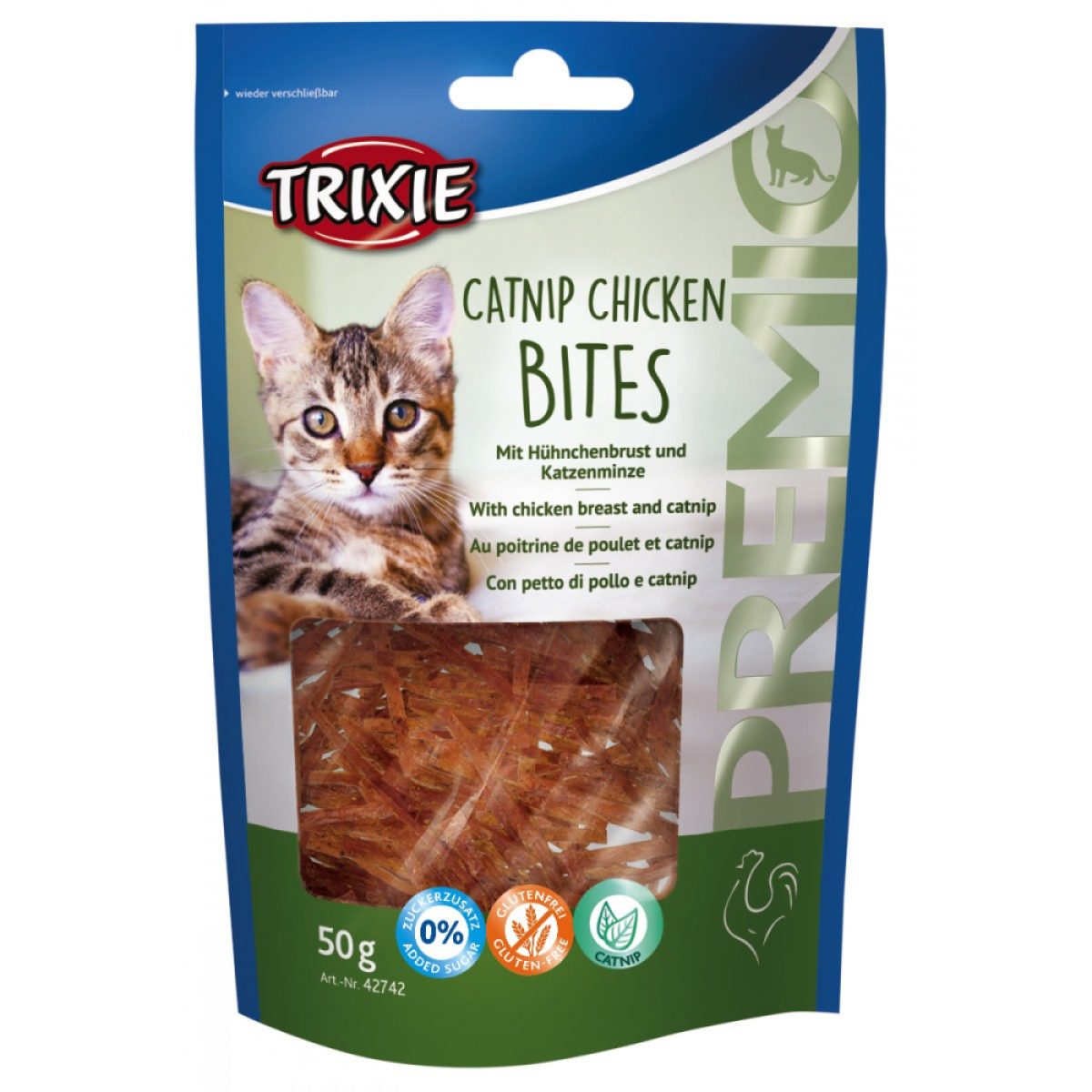 PREMIO Catnip Chicken Bites - rezance s kuracím mäsom & catnipom, 50 g – Obrázok 1