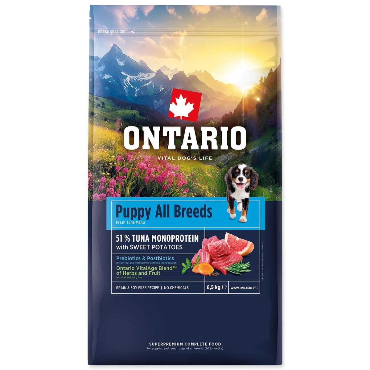 Krmivo Ontario Puppy All Breeds Monoprotein Tuna & Sweet Potatoes 6,5kg – Obrázok 1