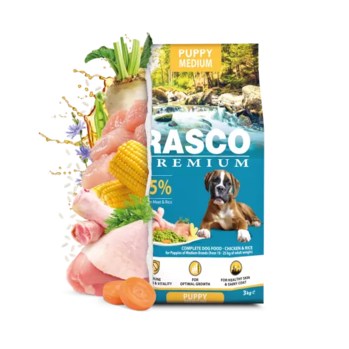 Krmivo Rasco Premium Puppy Medium kura s ryžou 3kg – Obrázok 2